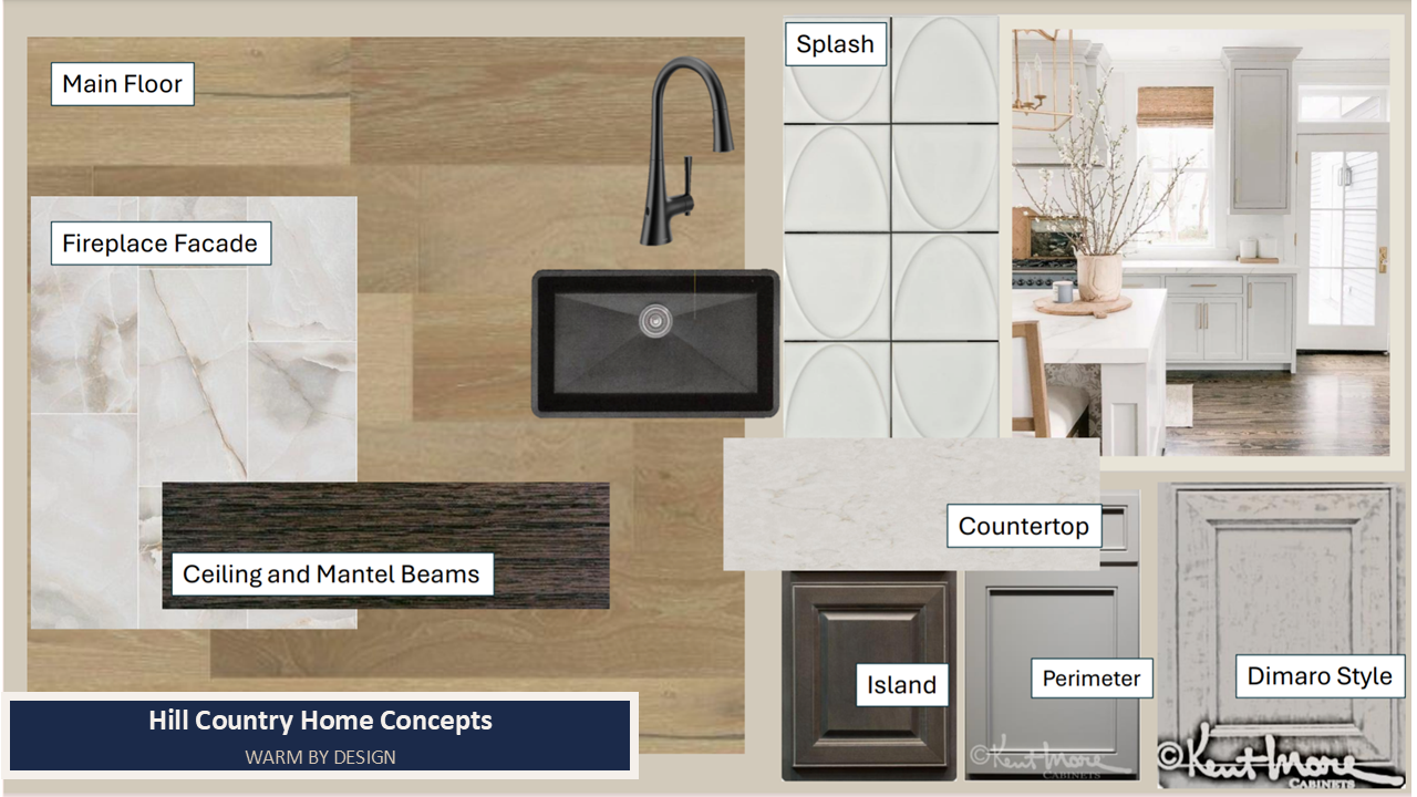 Living and Kitchen design board with labeled material selections