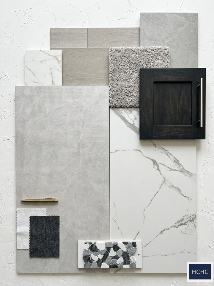 Mood board for Modern Contrast featuring marble, concrete, black cabinetry, and mosaic tile