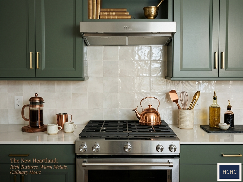 Sage green kitchen with zellige tile, copper metals, styled cooking scene
