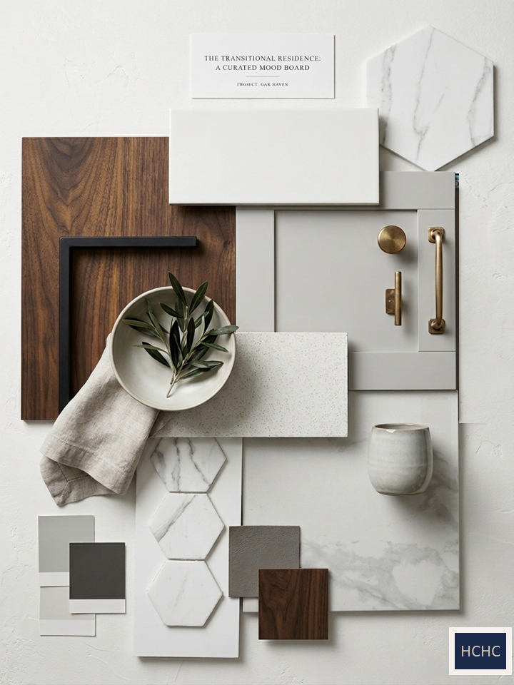 Mood board for The Transitional Residence featuring walnut wood, marble hexagons, warm greys, and brass hardware