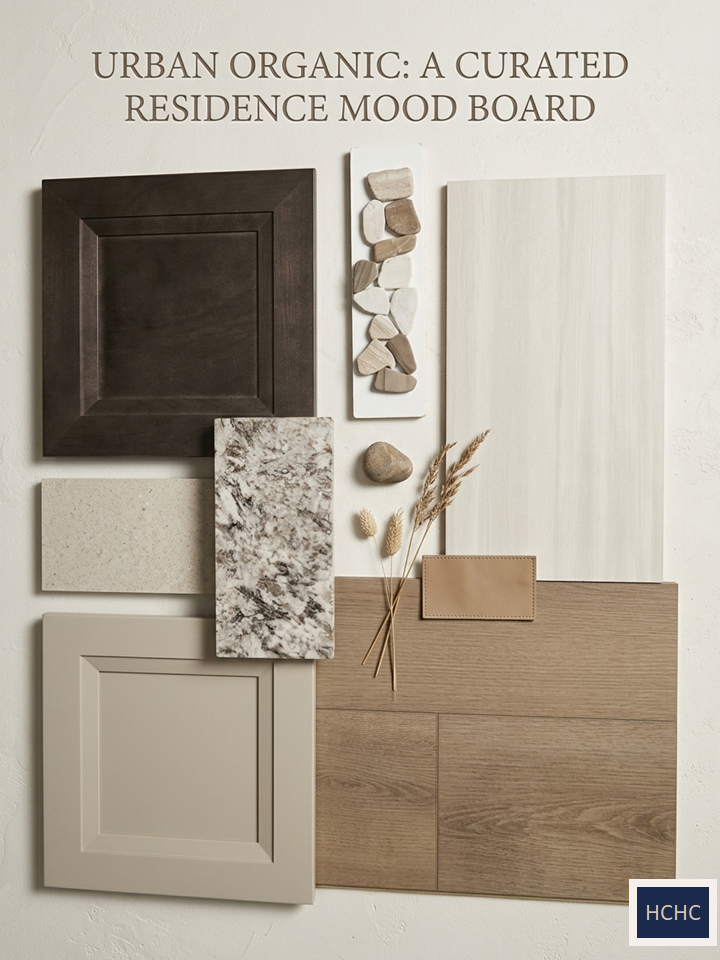 Mood board for Urban Organic featuring warm neutrals, dried botanicals, greige cabinet, and natural wood